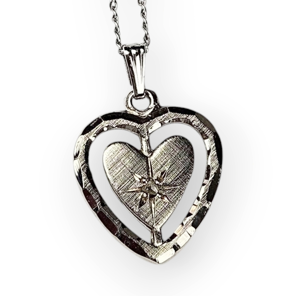 Diamond Chip Sterling Double Heart Pendant Chain Necklace Vtg Tru-Kay 925 Silver